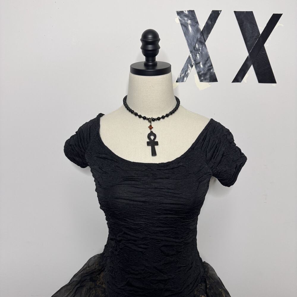 Vintage 80s Black Lace Tulle Party Girl Prom Dress • Fairy Formal Betsey Cyndi M - Picture 2 of 9